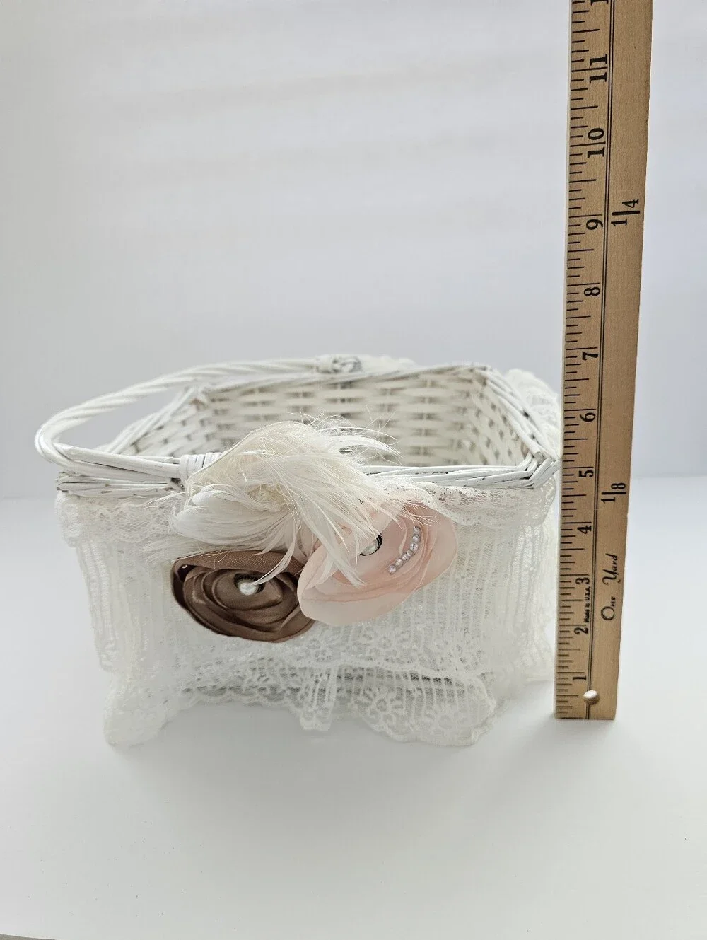 Vintage Shabby Chic Flower Girl Basket Lace Ostrich Feather Cottagecore